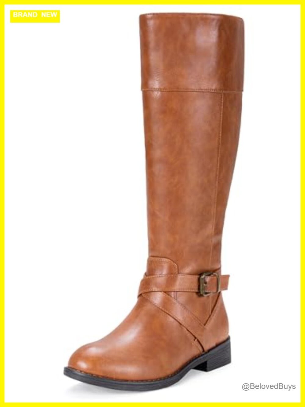 Knee High Riding Boots Faux Leather Buckle Inside Zip Block Heel